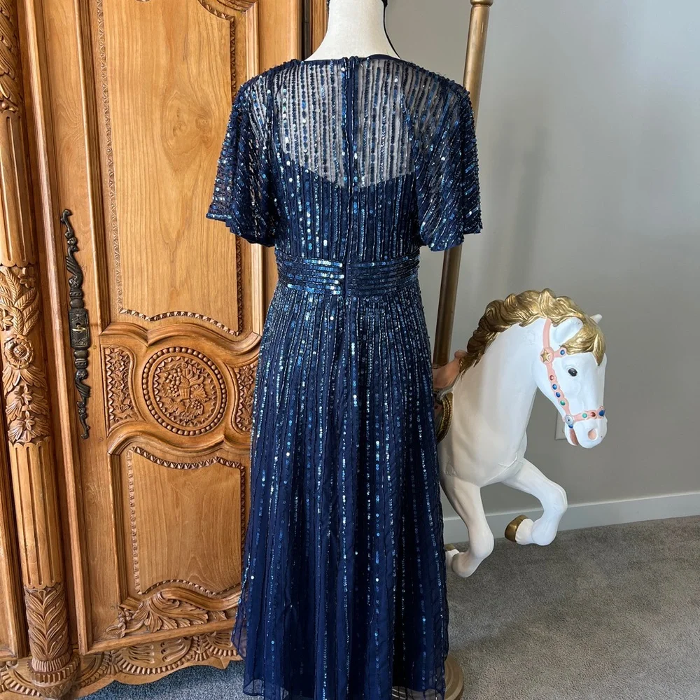 NWT Mac Duggal 14007 Embellished Short Sleeve Empire Waist Dress 6 Blue A-line - Picture 10 of 12